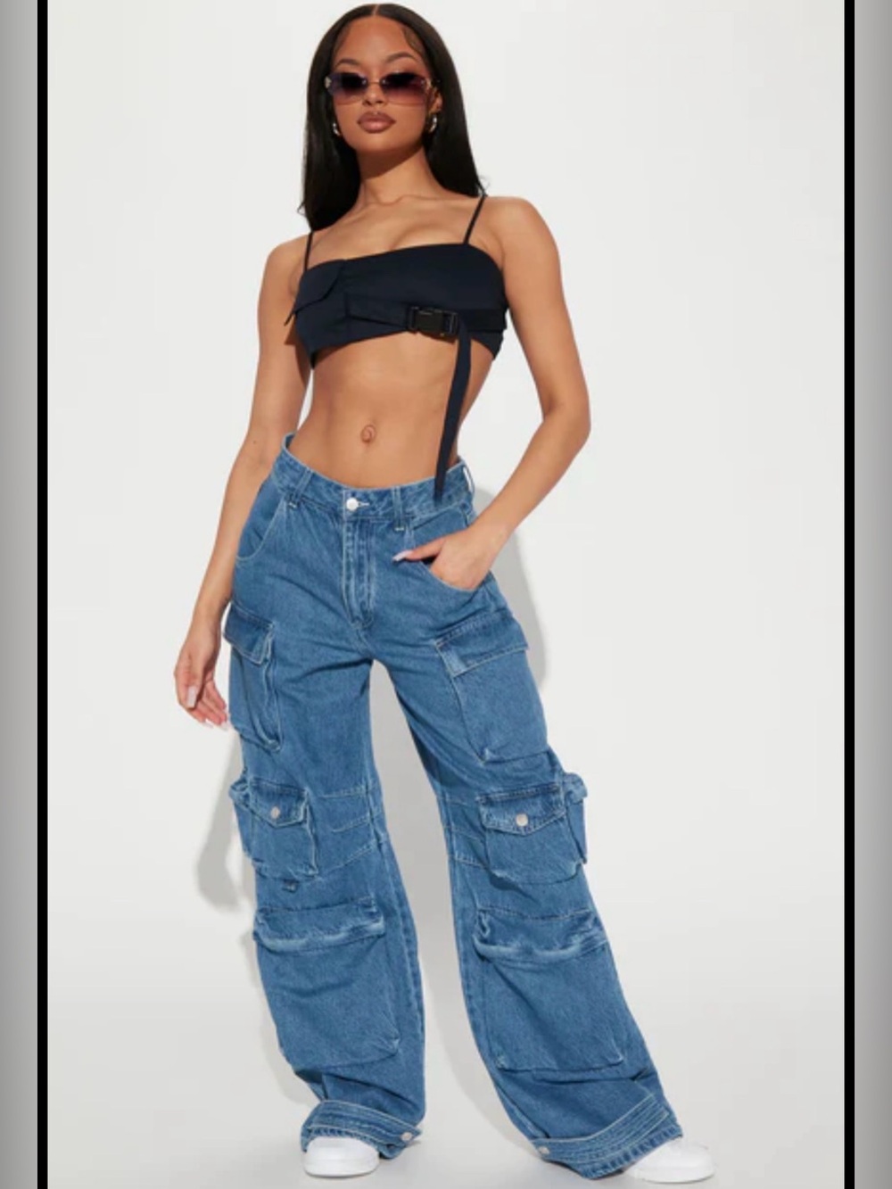 Wide Leg Cargo Women Jeans in Medium Blue by Fashion Nova